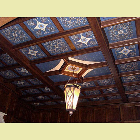 DIY ceiling coffer stencils blue