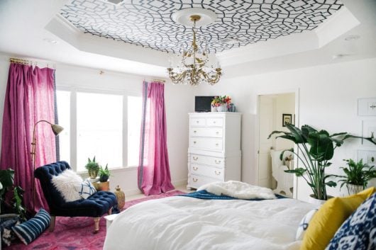 A DIY master bedroom makeover with a stenciled ceiling using the Tea House Trellis Stencil from Cutting Edge Stencils. http://www.cuttingedgestencils.com/tea-house-trellis-allover-stencil-pattern.html