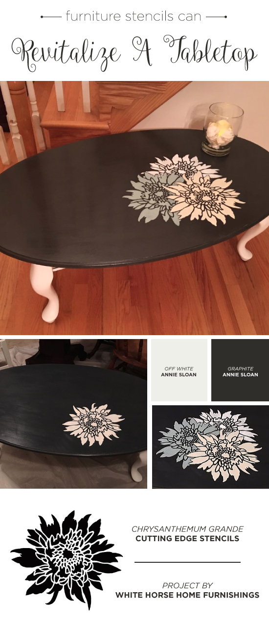 A DIY stenciled furniture makeover using the Chrysanthemum Grande Flower Stencils from Cutting Edge Stencils. http://www.cuttingedgestencils.com/flower-stencil-4.html