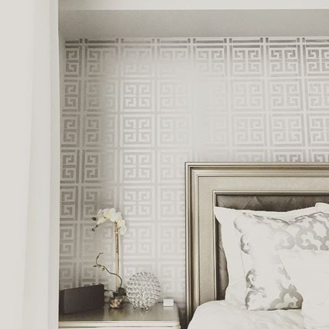 A stunnign bedroom accent wall stenciled with the Athena Allover Stencil from Cutting Edge Stencils for a wallpaper look. http://www.cuttingedgestencils.com/wallpaper-stencil-athena.html