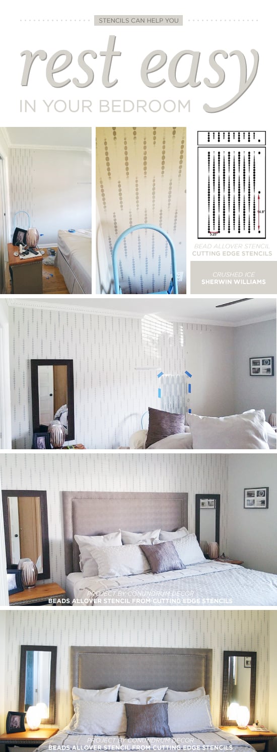 Cutting Edge Stencils shares a DIY stenciled bedroom makeover using the Beads Allover wall pattern, a geometric stencil. http://www.cuttingedgestencils.com/beads-wall-stencil-pattern.html