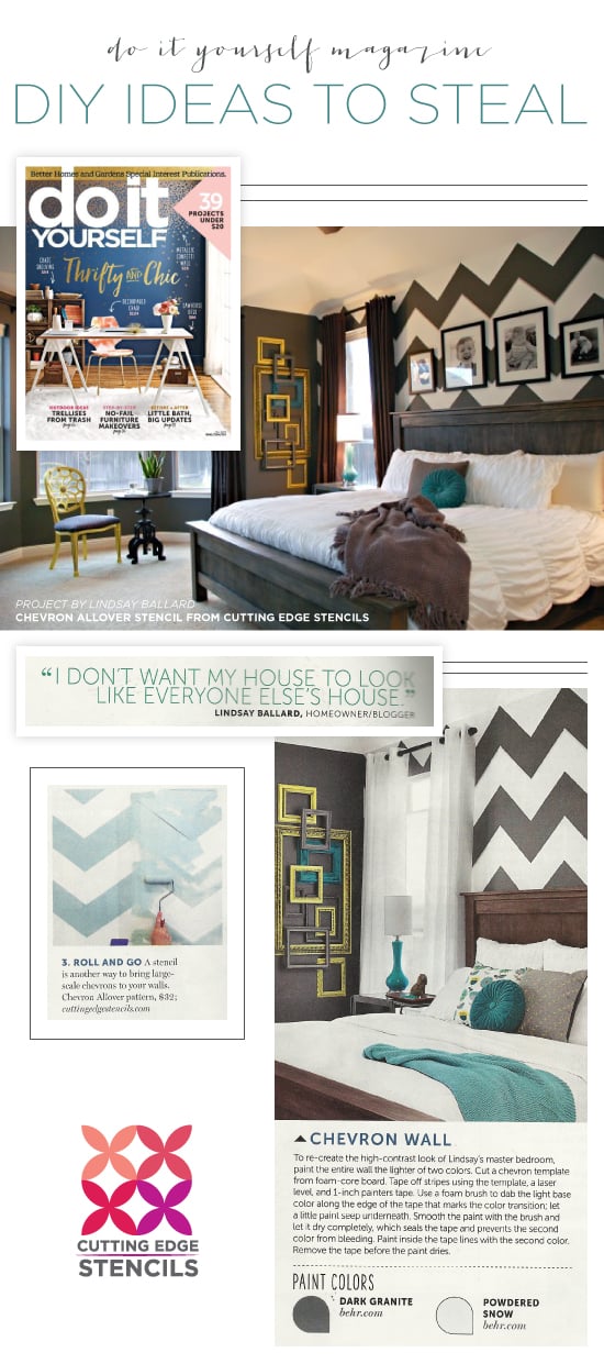 Cutting Edge Stencils was featured in home decorating magazines using our allover stencils to for DIY projects. http://www.cuttingedgestencils.com/chevron-stencil-pattern.html