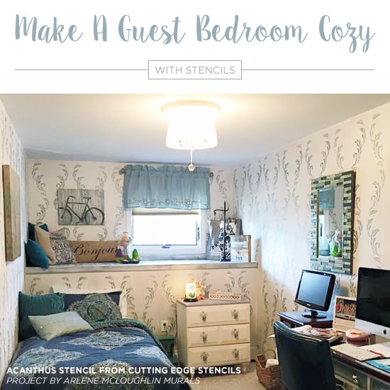 Cutting Edge Stencils shares DIY stenciled guest bedroom ideas using wall patterns to make them welcoming and cozy. http://www.cuttingedgestencils.com/allover-stencil-for-walls.html