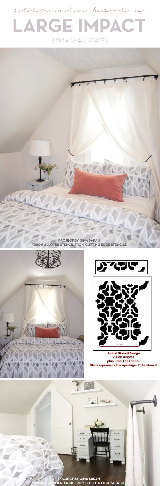Cutting Edge Stencils shares a DIY guest bedroom makeover featuring a stenciled ceiling using the Vision allover wall pattern. http://www.cuttingedgestencils.com/vision-craft-stencil.html
