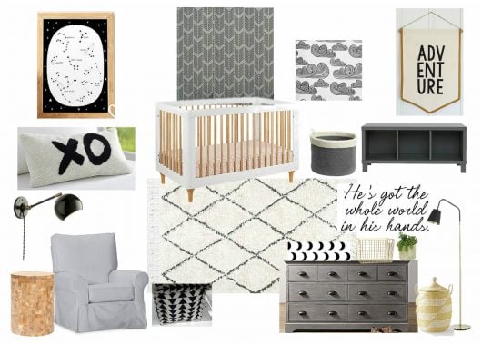 A serene and peaceful grey, white, black nursery design board featuring the Drifting Arrows wall pattern from Cutting Edge Stencils. http://www.cuttingedgestencils.com/drifting-arrows-stencil-pattern-diy-decor.html