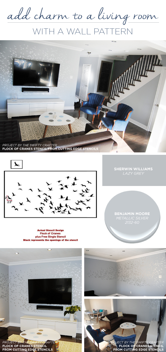 Cutting Edge Stencils shares a DIY living room update using the Flock of Cranes bird pattern on an accent wall. http://www.cuttingedgestencils.com/bird-flock-wall-stencil-pattern.html