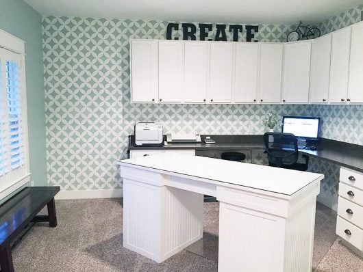 A stenciled home office/craft room using the Nagoya Allover Stencil, a Japanese inspired wall pattern, from Cutting Edge Stencils. http://www.cuttingedgestencils.com/japanese-stencil-nagoya.html