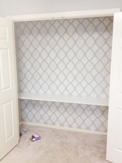 A DIY stenciled closet turned mini office using the Rabat Allover Stencil, a trendy Moroccan pattern, from Cutting Edge Stencils. http://www.cuttingedgestencils.com/moroccan-stencil-pattern-3.html