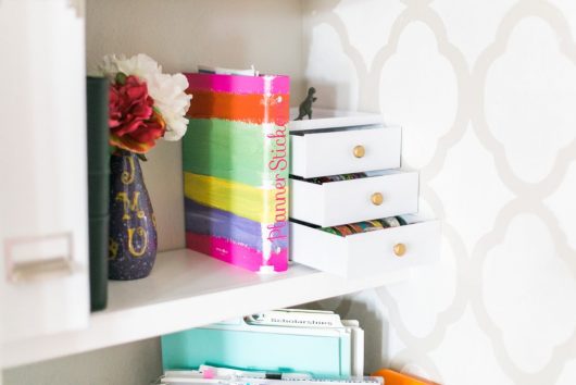 A DIY stenciled closet turned mini office using the Rabat Allover Stencil, a trendy Moroccan pattern, from Cutting Edge Stencils. http://www.cuttingedgestencils.com/moroccan-stencil-pattern-3.html