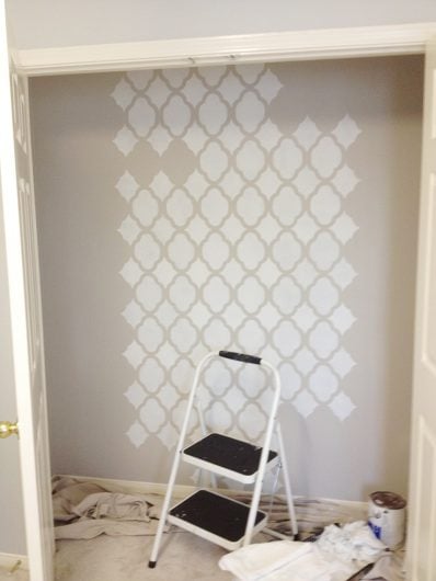 Stenciling a DIY closet turned mini office using the Rabat Allover Stencil, a trendy Moroccan pattern, from Cutting Edge Stencils. http://www.cuttingedgestencils.com/moroccan-stencil-pattern-3.html