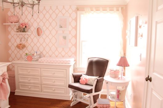 A DIY pink and white stenciled nursery accent wall using the Rabat Allover Stencil, a trendy moroccan wall pattern, from Cutting Edge Stencils. http://www.cuttingedgestencils.com/moroccan-stencil-pattern-3.html