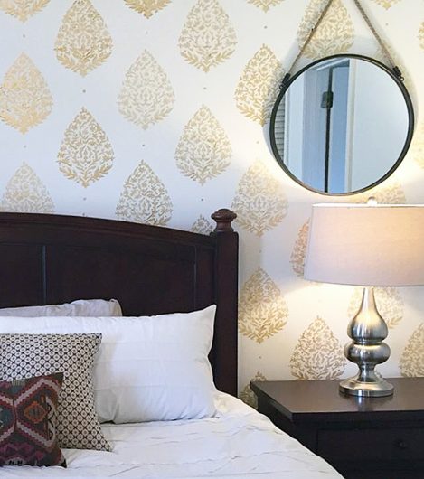A stenciled bedroom accent wall using the Sari Paisley Allover stencil pattern from Cutting Edge Stencils. http://www.cuttingedgestencils.com/sari-paisley-allover-stencil.html