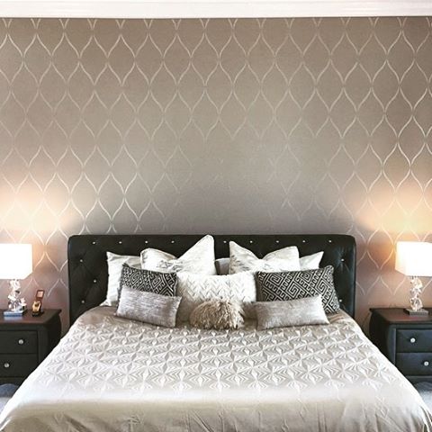 A gorgeous bedroom accent wall stenciled with the Serenity Allover Stencil, a popular trellis wall pattern, from Cutting Edge Stencils. http://www.cuttingedgestencils.com/serenity-allover-stencil-trellis-design-wall-pattern-diy-decor.html