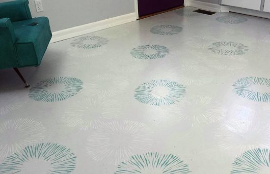 A stenciled floor using the Spore Print Allover Stencil from Cutting Edge Stencils. http://www.cuttingedgestencils.com/spore-print-stencil-wall-decor.html