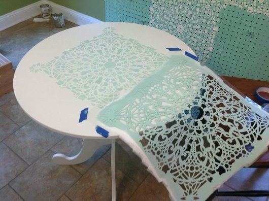 A stenciled Ikea table using the Stephanie's Lace Stencil, a popular lace pattern, from Cutting Edge Stencils. http://www.cuttingedgestencils.com/lace-stencil-wall-decor-stencils.html