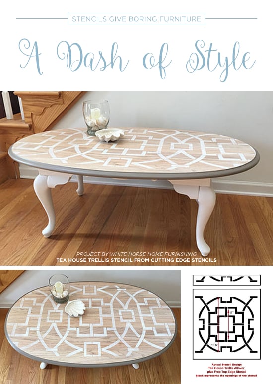 A painted table makeover using the Tea House Trellis Stencil, a large geometric wall pattern, from Cutting Edge Stencils. http://www.cuttingedgestencils.com/tea-house-trellis-allover-stencil-pattern.html