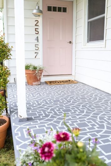 A DIY painted and stenciled cement porch using a geometric allover stencil, the Tea House Trellis, from Cutting Edge Stencils. http://www.cuttingedgestencils.com/tea-house-trellis-allover-stencil-pattern.html