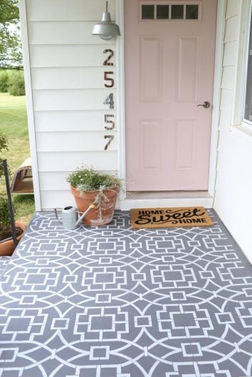 A DIY painted and stenciled cement porch using a geometric allover stencil, the Tea House Trellis, from Cutting Edge Stencils. http://www.cuttingedgestencils.com/tea-house-trellis-allover-stencil-pattern.html