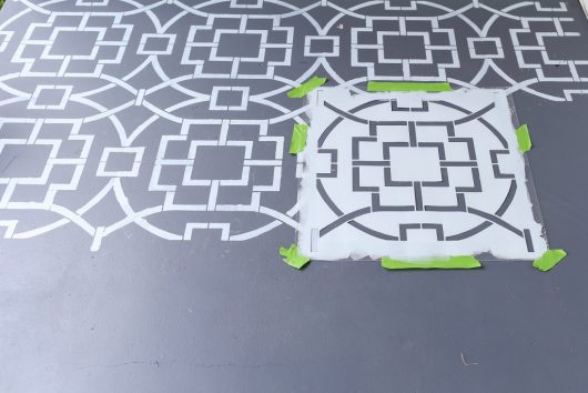 Learn how to stencil a DIY cement porch using a geometric allover stencil, the Tea House Trellis, from Cutting Edge Stencils. http://www.cuttingedgestencils.com/tea-house-trellis-allover-stencil-pattern.html