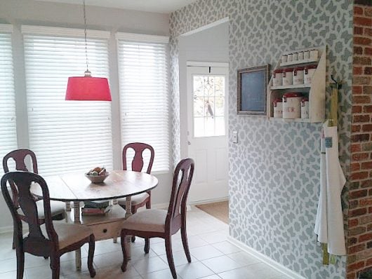 A gray and white stenciled breakfast nook using the Zamira Allover Stencil, a popular Moroccan wall pattern, from Cutting Edge Stencils. http://www.cuttingedgestencils.com/moroccan-stencil-designs.html