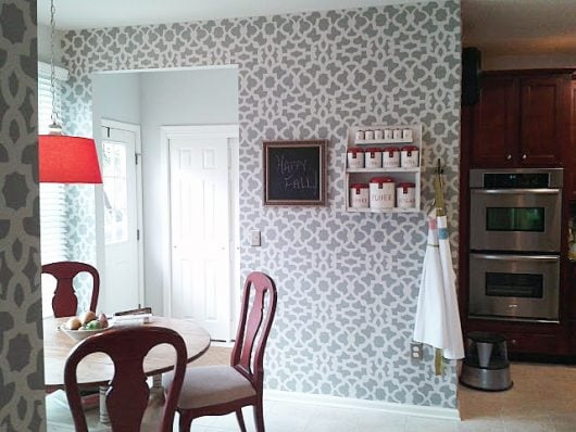 A gray and white stenciled kitchen nook using the Zamira Allover Stencil, a popular Moroccan wall pattern, from Cutting Edge Stencils. http://www.cuttingedgestencils.com/moroccan-stencil-designs.html