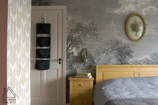 A DIY stenciled accent wall in a bedroom using the Drifting Arrows Allover Stencil from Cutting Edge Stencils. http://www.cuttingedgestencils.com/drifting-arrows-stencil-pattern-diy-decor.html