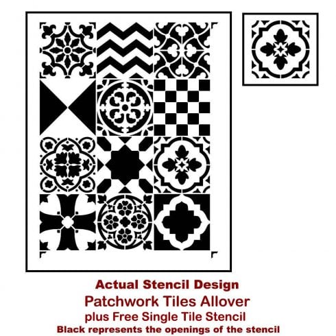 The Patchword Tile Stencil Pattern from Cutting Edge Stencils. http://www.cuttingedgestencils.com/patchwork-tile-pattern-stencil-wall-tiles.html