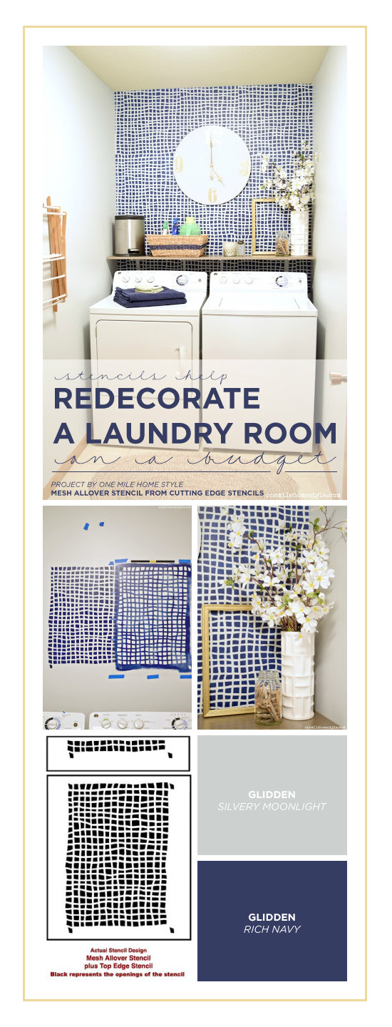 Cutting Edge Stencils shares A DIY stenciled laundry room makeover using the Mesh Allover Stencils, a geometric wall pattern. http://www.cuttingedgestencils.com/mesh-contemporary-stencil-grid-pattern.html