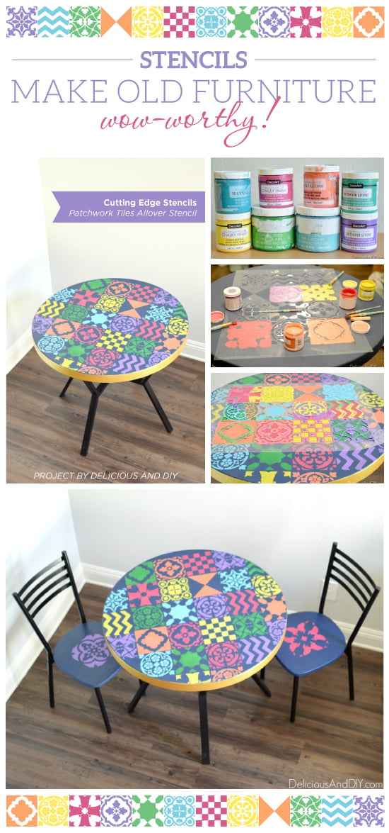Cutting Edge Stencils shares a DIY dining table makeover using the Patchwork Tile Stencil Pattern. http://www.cuttingedgestencils.com/patchwork-tile-pattern-stencil-wall-tiles.html