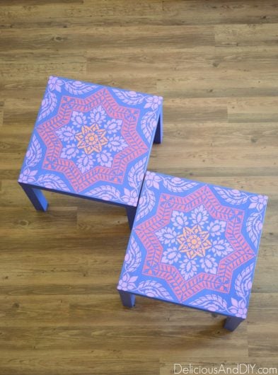 A DIY Ikea lack side table that was stenciled with the Alhambra Tile Stencil, a Portuguese tile pattern, from Cutting Edge Stencils. http://www.cuttingedgestencils.com/alhambra-tile-stencil-asulejos-spanish-tile-wallpaper.html