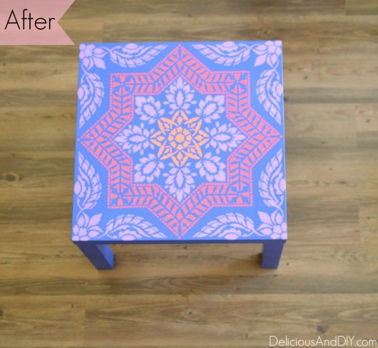 A DIY Ikea lack side table that was stenciled with the Alhambra Tile Stencil, a Portuguese tile pattern, from Cutting Edge Stencils. http://www.cuttingedgestencils.com/alhambra-tile-stencil-asulejos-spanish-tile-wallpaper.html