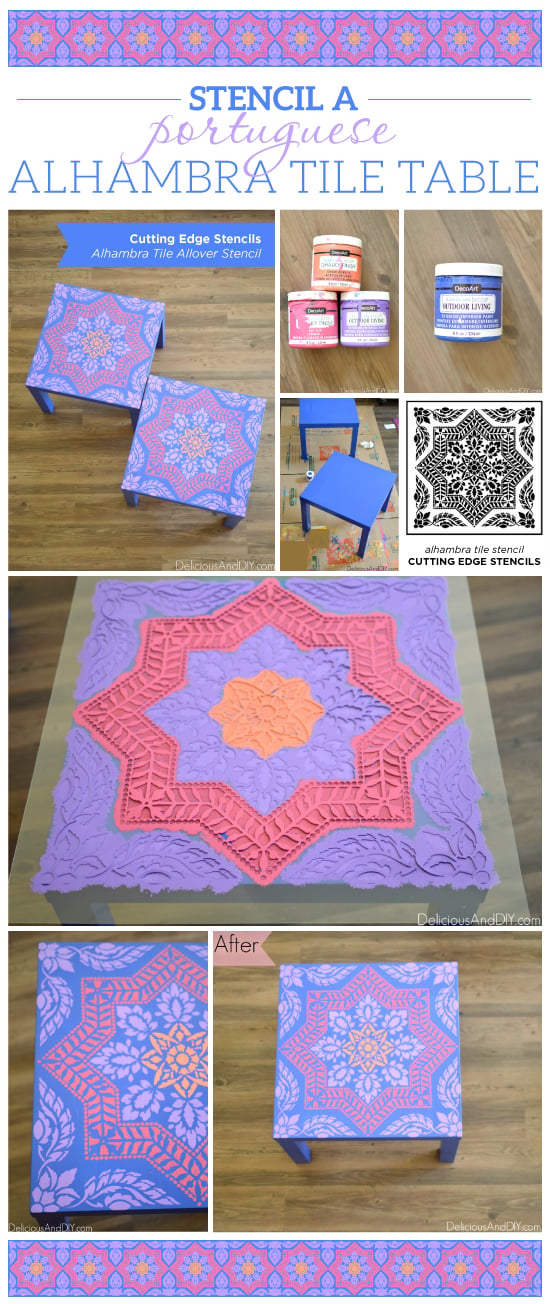 Cutting Edge Stencils shares A DIY Ikea Lack side table makeover using the Alhambra Tile Stencil pattern. http://www.cuttingedgestencils.com/alhambra-tile-stencil-asulejos-spanish-tile-wallpaper.html