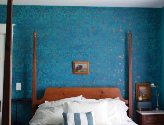 An blue ombre bedroom accent wall using the Anna Damask Stencil from Cutting Edge Stencils. http://www.cuttingedgestencils.com/damask-stencil.html