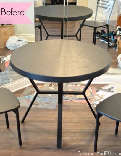 A small black dining table before its stenciled makeover. http://www.cuttingedgestencils.com/patchwork-tile-pattern-stencil-wall-tiles.html