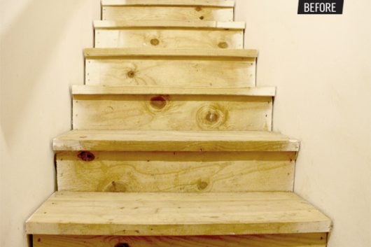 Wooden stairs before a stenciled makeover. http://www.cuttingedgestencils.com/indian-inlay-stencil-furniture.html