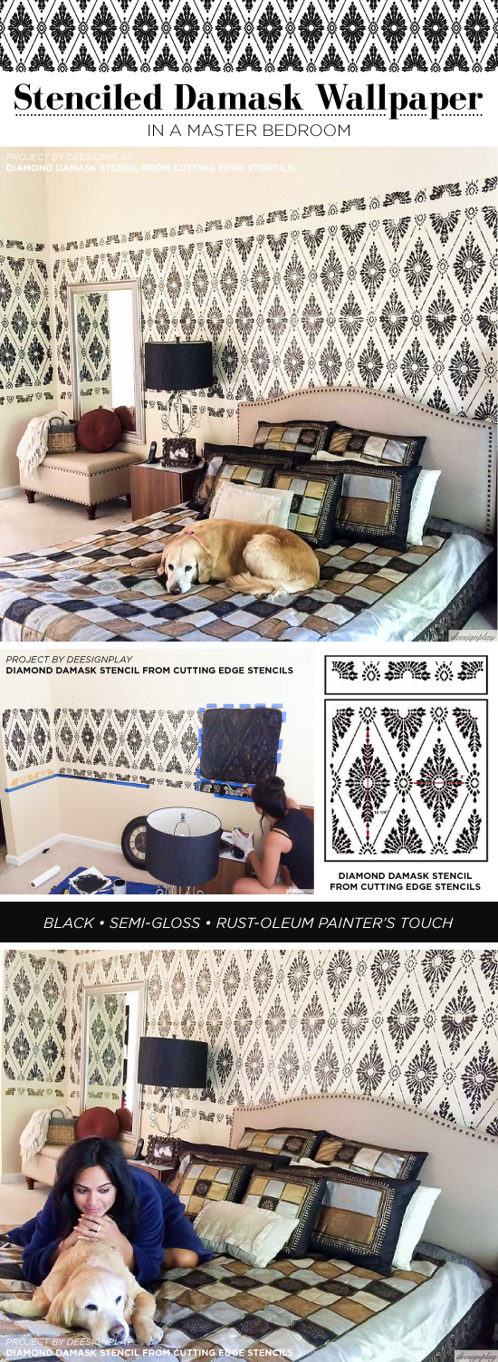 Cutting Edge Stencils shares a DIY stenciled master bedroom idea using the Diamond Damask Stencil to achieve a wallpaper look. http://www.cuttingedgestencils.com/damask-stencil-pattern.html