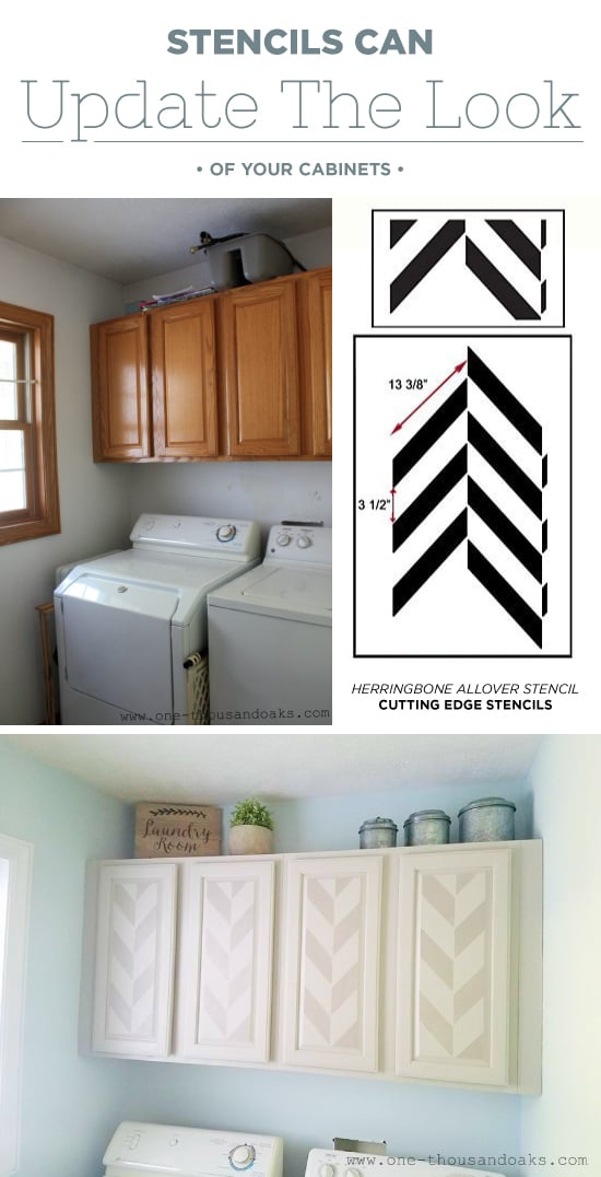 Cutting Edge Stencils shares painted and stenciled cabinets in a laundry room using the Herringbone Allover Stencil. http://www.cuttingedgestencils.com/herringbone-stencil-pattern.html