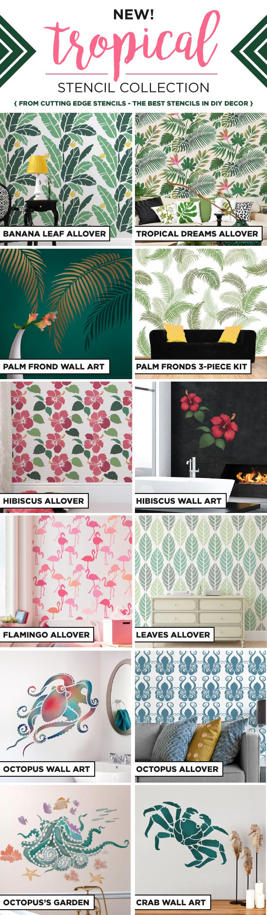Cutting Edge Stencils is excited to introduce NEW tropical stencil patterns for walls, furniture, and DIY home decorating projects.  http://www.cuttingedgestencils.com/wall-stencils-stencil-designs.html