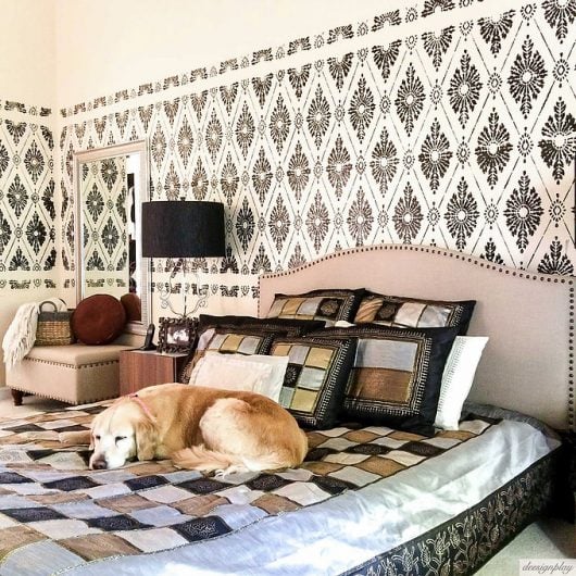 A DIY black and beige stenciled master bedroom with a wallpaper look using the Diamond Damask Stencil from Cutting Edge Stencils. http://www.cuttingedgestencils.com/damask-stencil-pattern.html