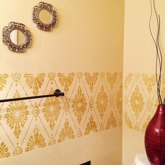 A stenciled gold bathroom using the Diamond Damask Allover Stencil from Cutting Edge Stencils. http://www.cuttingedgestencils.com/damask-stencil-pattern.html