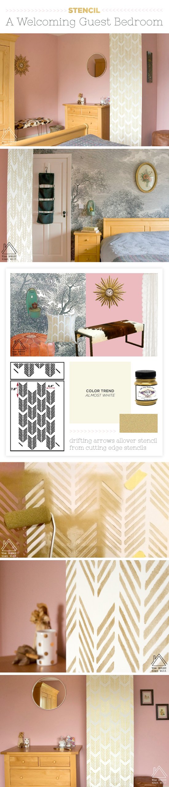 Cutting Edge Stencils shares a DIY stenciled accent wall in metallic gold in a guest bedroom using the Drifting Arrows Allover Stencil. http://www.cuttingedgestencils.com/drifting-arrows-stencil-pattern-diy-decor.html