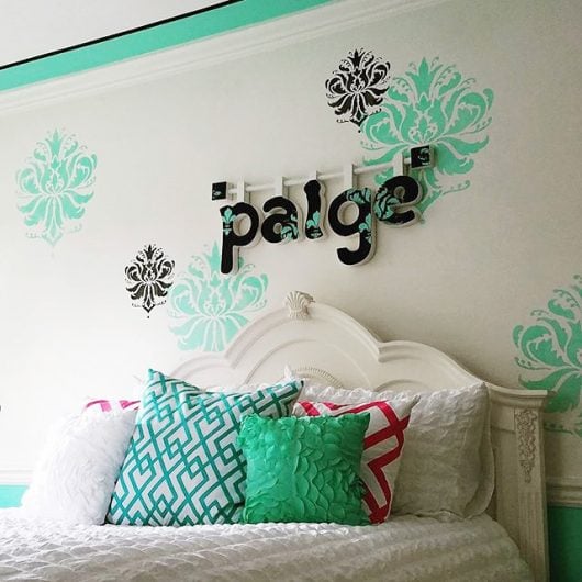 A DIY stenciled teen girl bedroom using the Gabi's Brocade Stencil from Cutting Edge Stencils. http://www.cuttingedgestencils.com/wallpaper-damask-stencil.html