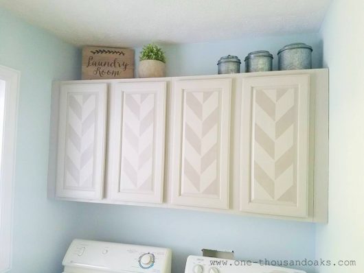 DIY stenciled laundry room cabinets using the Herringbone Allover Stencil from Cutting Edge Stencils. http://www.cuttingedgestencils.com/herringbone-stencil-pattern.html