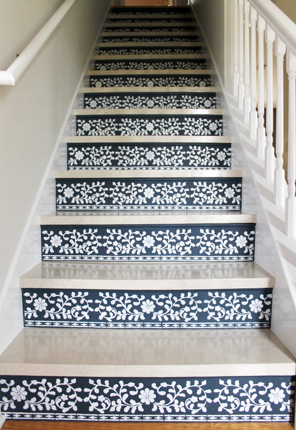 Learn how to stencil stair risers using the Indian Inlay Stencil kit designed by Kim Myles from Cutting Edge Stencils. http://www.cuttingedgestencils.com/indian-inlay-stencil-furniture.html