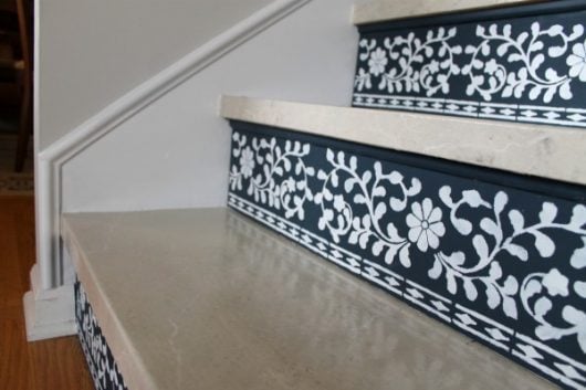 DIY stenciled stair risers using the Indian Inlay Stencil kit designed by Kim Myles from Cutting Edge Stencils. http://www.cuttingedgestencils.com/indian-inlay-stencil-furniture.html