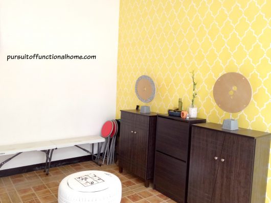 A DIY accent wall in yellow using the Marrakech Trellis Allover Stencil, a popular Moroccan wall pattern, from Cutting Edge Stencils. http://www.cuttingedgestencils.com/moroccan-stencil-marrakech.html