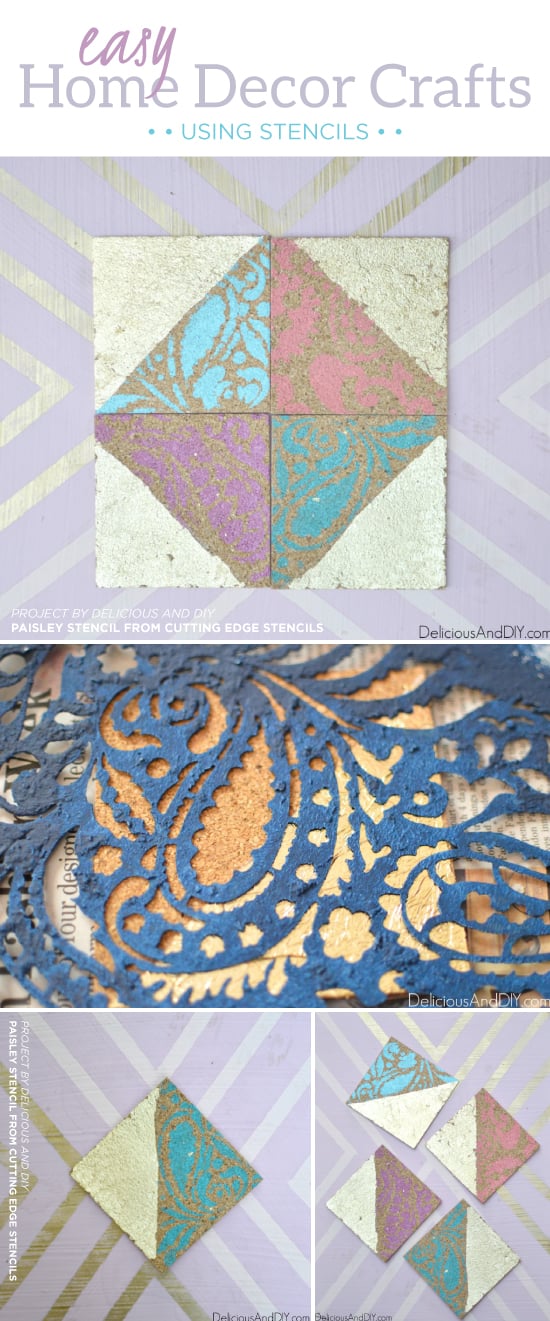 DIY stenciled cork coasters using the Paisley Craft Stencil from Cutting Edge Stencils. http://www.cuttingedgestencils.com/paisley-pattern-craft-stencils-for-home-decor-projects.html