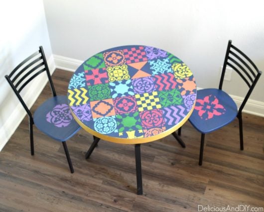 A stenciled table using the Patchwork Tile Stencil Pattern from Cutting Edge Stencils. http://www.cuttingedgestencils.com/patchwork-tile-pattern-stencil-wall-tiles.html