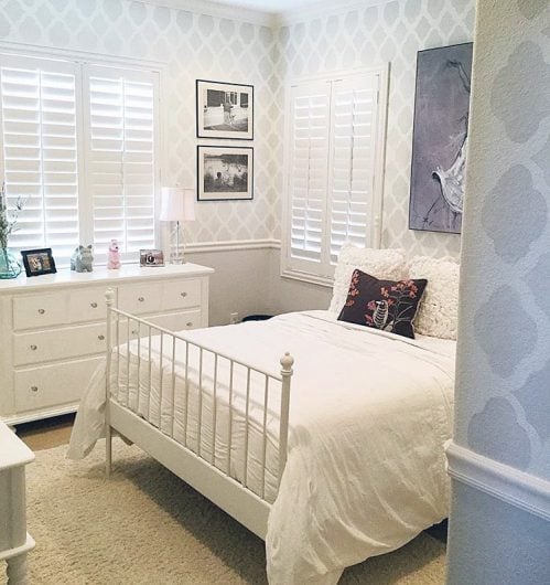 A stenciled gray and white bedroom using the Rabat Allover wall pattern from Cutting Edge Stencils for a wallpaper look. http://www.cuttingedgestencils.com/moroccan-stencil-pattern-3.html