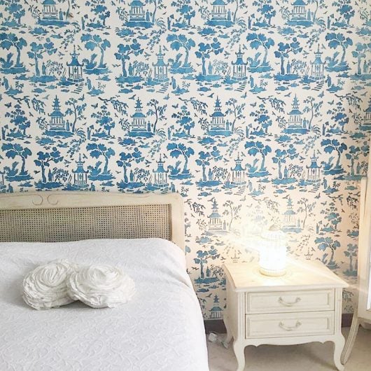 A stenciled bedroom accent wall using the Secret Garden Toile Stencil from Cutting Edge Stencils for a wallpaper look. http://www.cuttingedgestencils.com/garden-toile-stencil-chinoiserie-wallpaper.html
